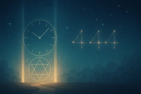 Ciel étoilé au ton mystique avec une horloge indiquant 4:44, constellations formant 444 et symboles spirituels lumineux