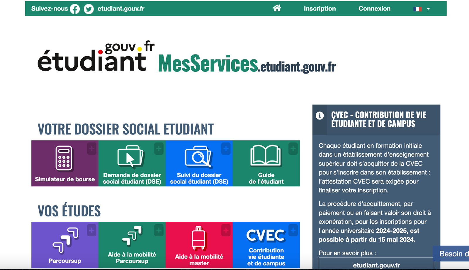 page d'accueil MesServices.etudiant.gouv.fr 