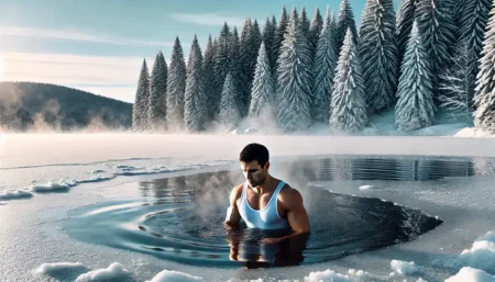 Le cold training : les bienfaits du sport en froid intense ❄️ cold training - illustration d'un homme immergé dans un lac glacé en hiver
