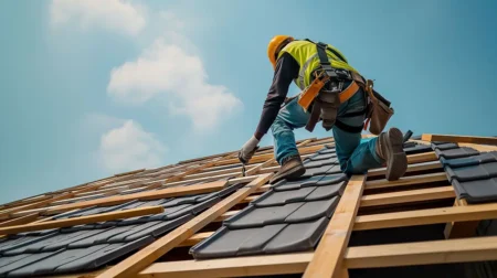 Travailleur du bâtiment sur une toiture en train de réparer des dégâts
