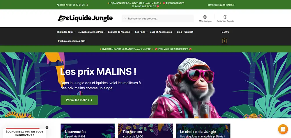 Capture d'écran de la boutique en ligne de e-cigarettes eLiquide-Jungle