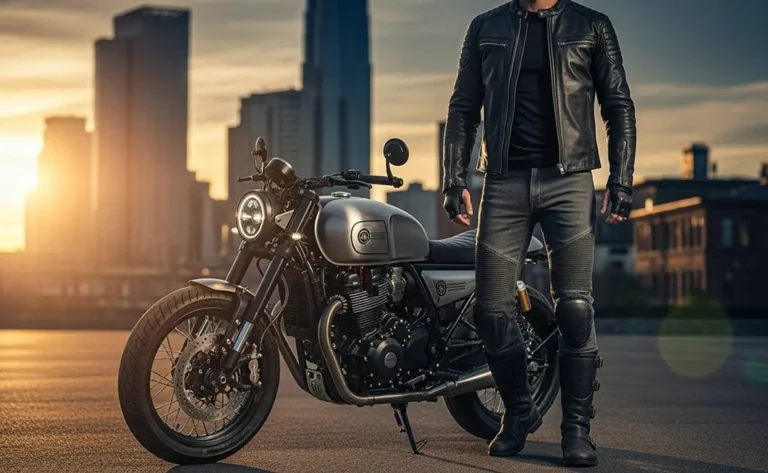 Motard avec vêtements de moto élégants