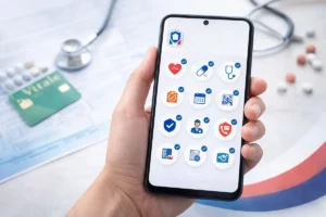 Les 10 applications santé certifiées par l’Assurance Maladie à avoir sur son téléphone Smartphone affichant une sélection d'applications santé certifiées par l'Assurance Maladie avec une carte vitale en arrière-plan