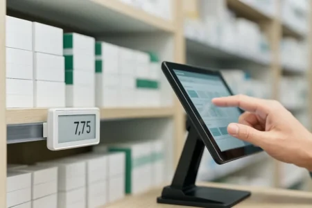 écran tablette de gestion du stock devant des tablettes de produits flous, illustrant hardware et digital en entreprise