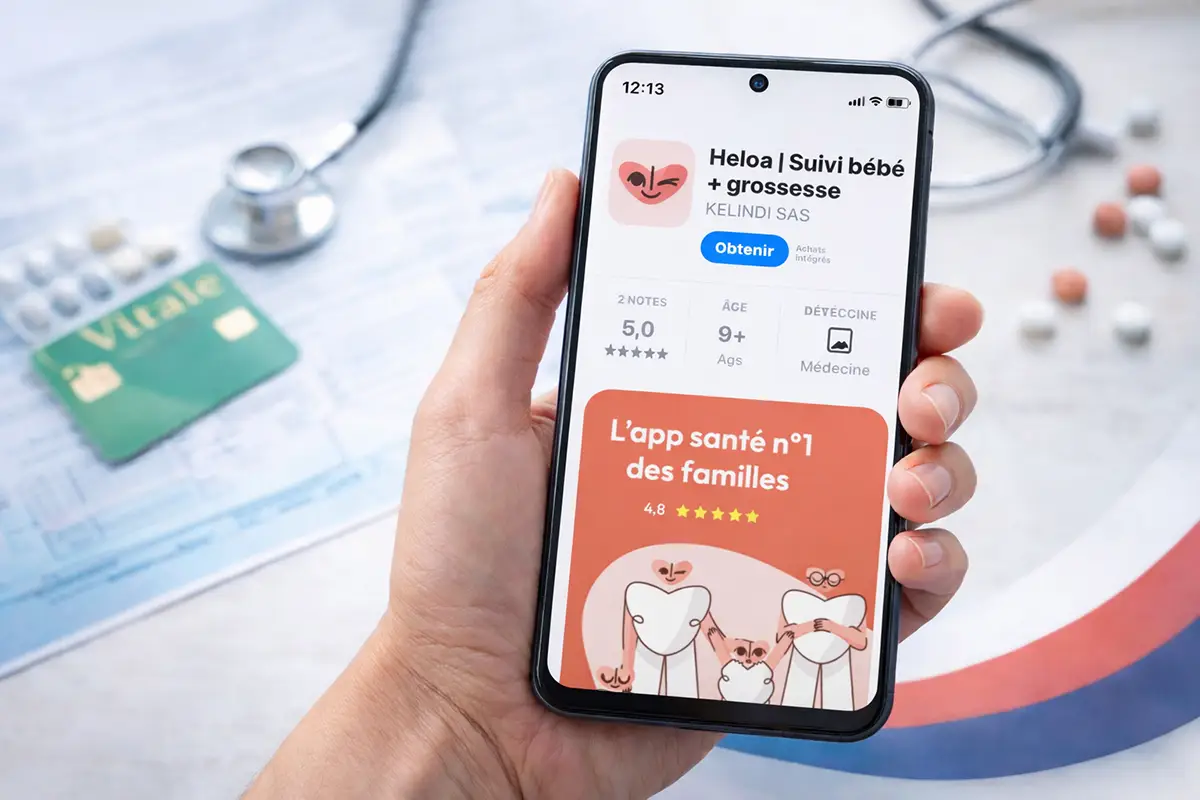 Smartphone présentant l'application Heloa suivi bébé + grossesse, certifiée Mon Espace Santé