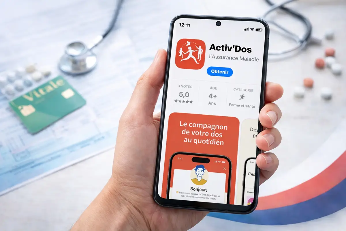 Écran de smartphone sur la fiche de l'application Activ'Dos de l'Assurance Maladie pour la prévention du mal de dos