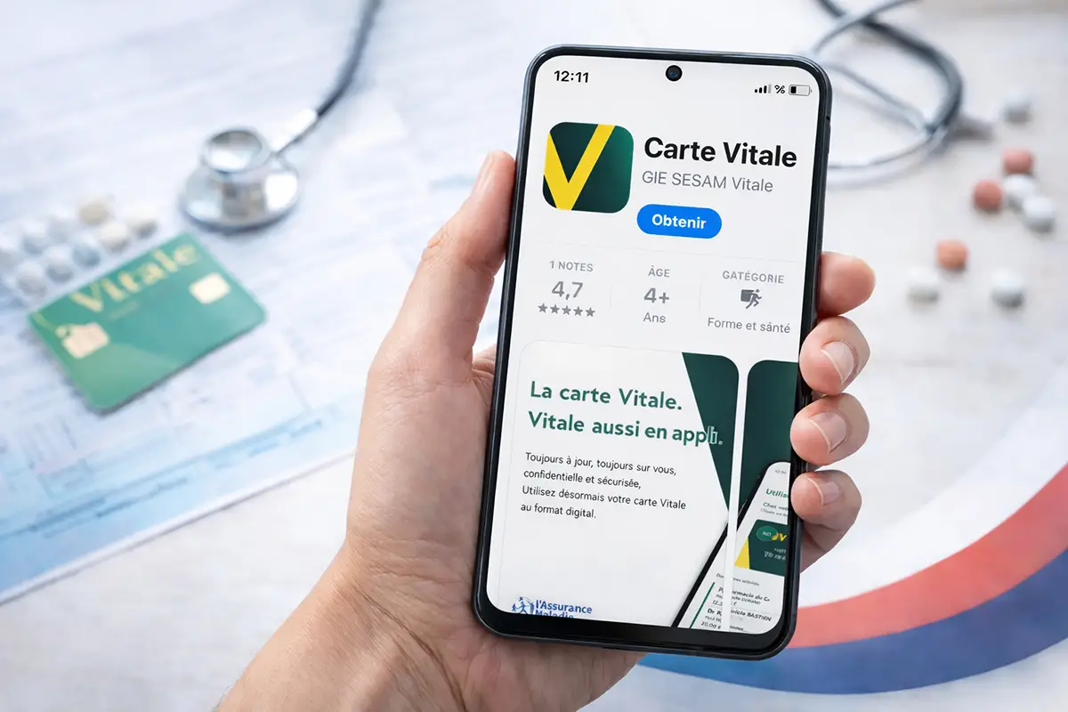 Présentation de l'Appli Carte Vitale dématérialisée sur mobile avec une carte vitale physique en arrière-plan flou