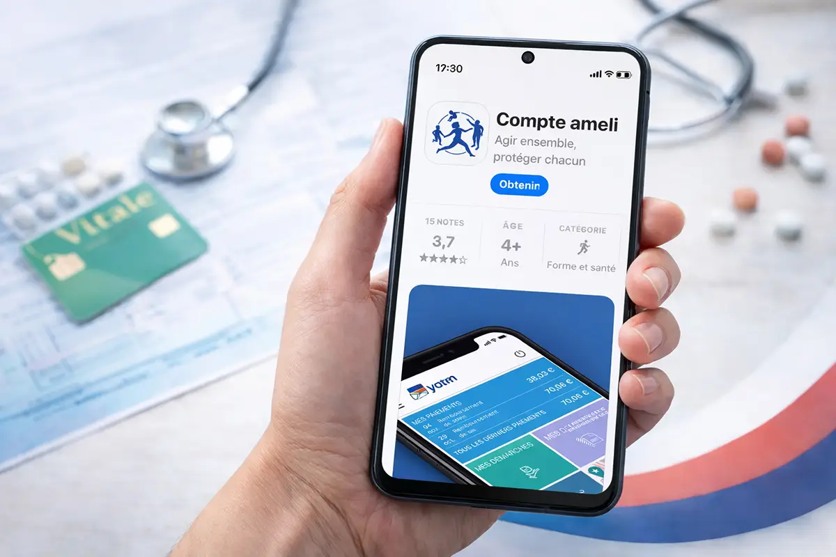 Fiche de l'application Compte Ameli sur un smartphone avec carte vitale en arrière-plan
