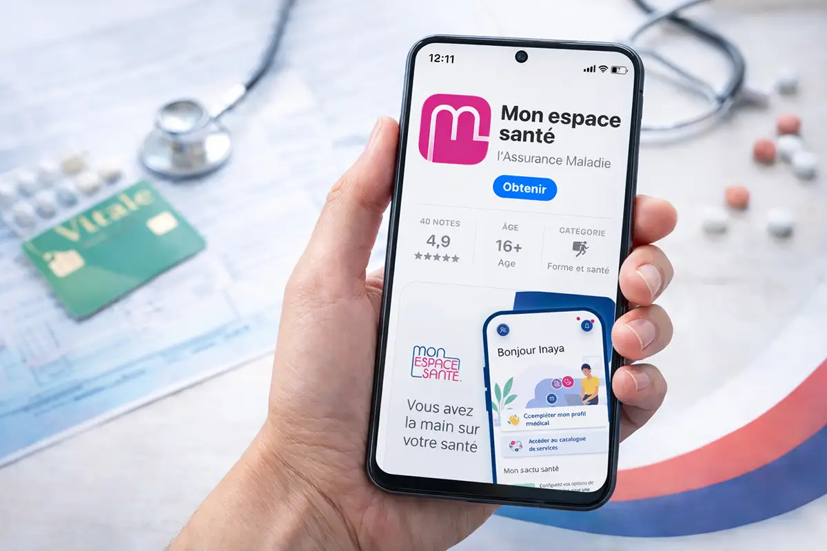 Smartphone affichant la fiche de l'application Mon Espace Santé pour activer son carnet de santé numériqu