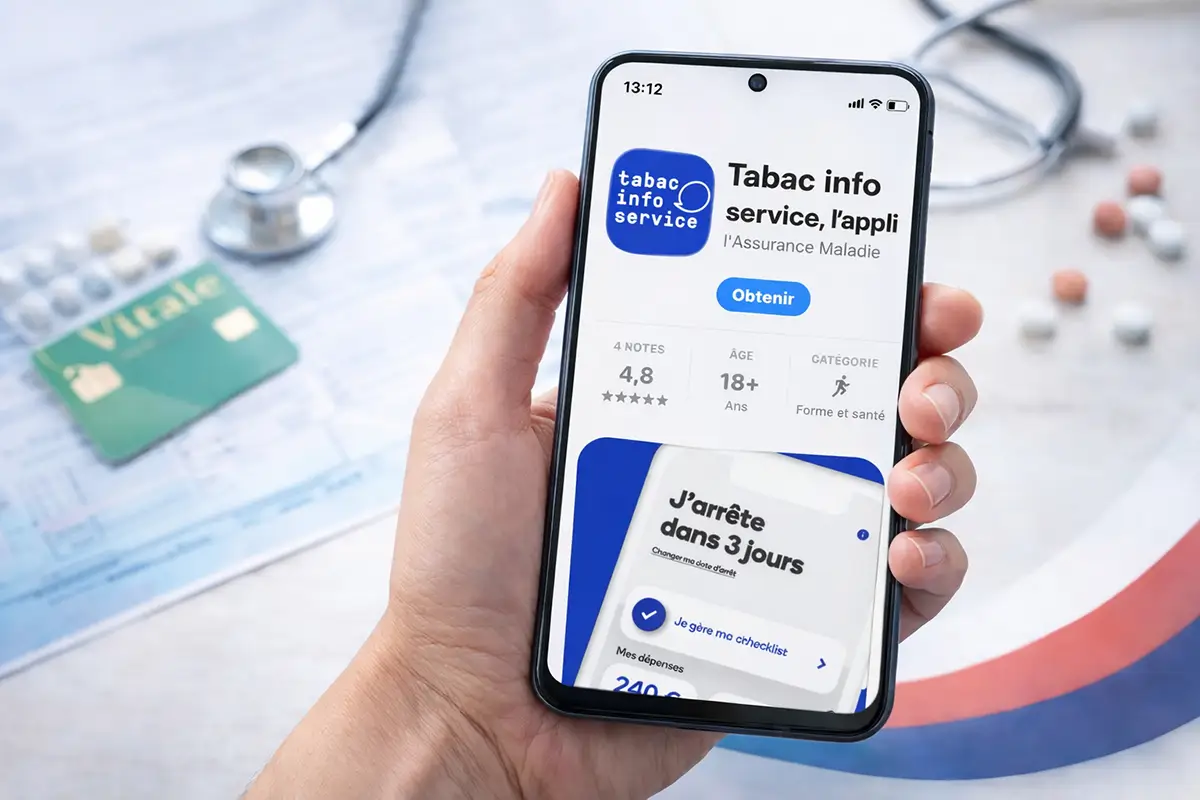 Smartphone tenu en main affichant l'application officielle Tabac Info Service pour le sevrage tabagique