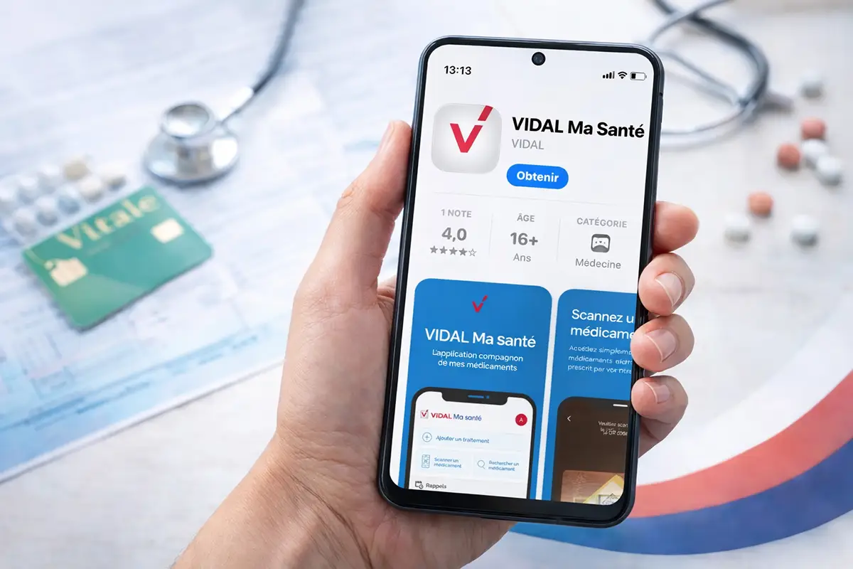 Application Vidal Ma Santé sur smartphone pour l'information sur les médicaments avec stéthoscope en fond