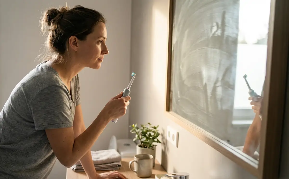 jeune femme en train de se brosser les dents devant un miroir en utilisant une brosse à dents connectée