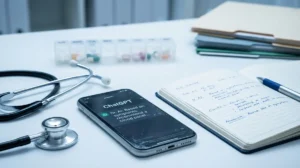 Smartphone affichant ChatGPT à côté d'un stéthoscope médical illustrant le débat sur la fiabilité de l'intelligence artificielle pour l'autodiagnostic de santé