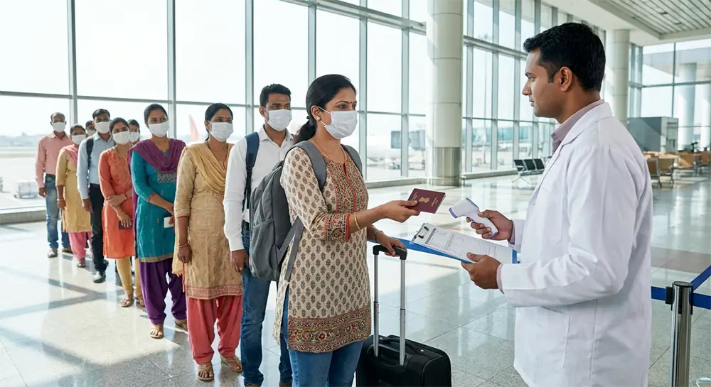 Voyageurs masqués faisant la queue pour un contrôle sanitaire à l'aéroport en Inde dans le cadre de la surveillance du virus Nipah.