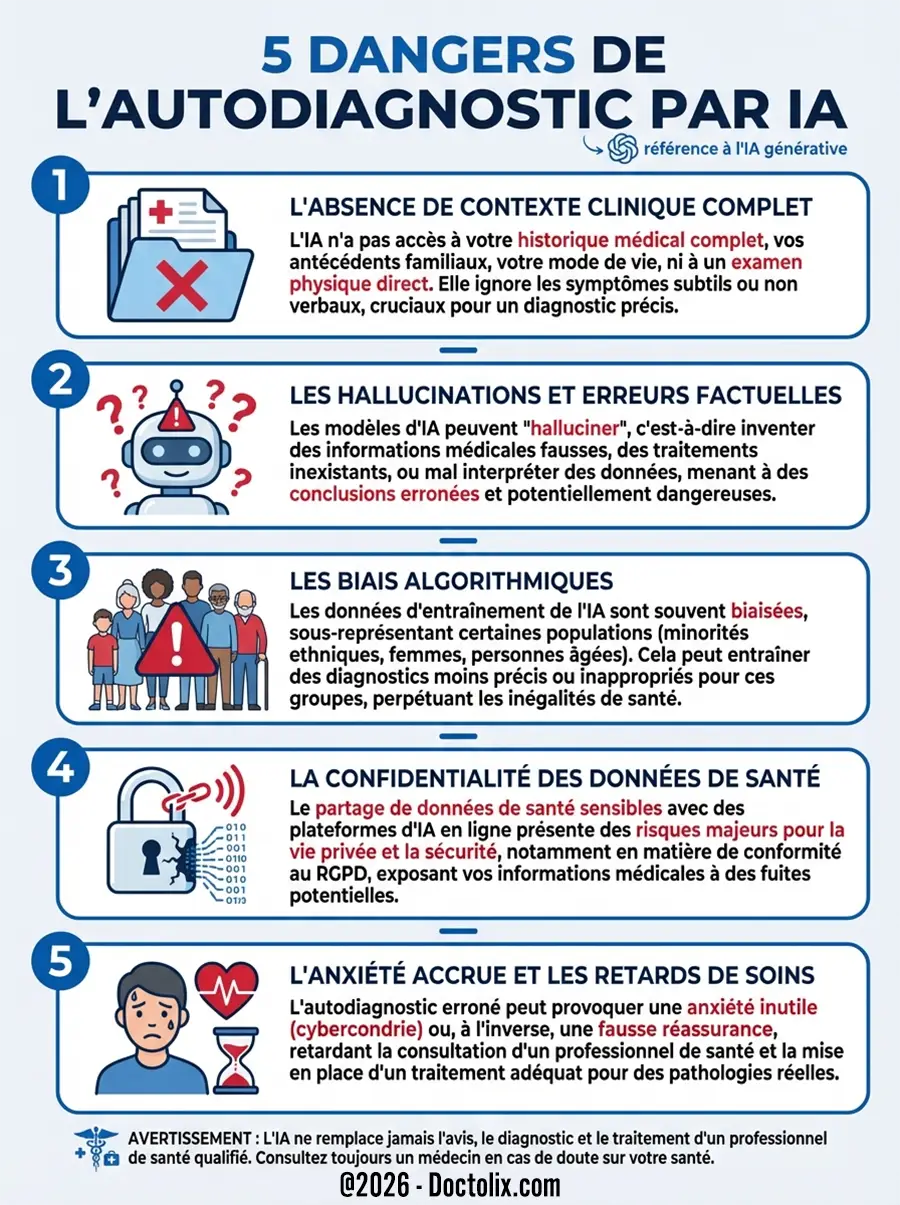 Infographie listant les 5 dangers de l'autodiagnostic médical par une IA comme ChatGPT