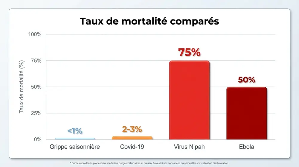 Graphique comparant le taux de mortalité du virus Nipah, du Covid-19 et de la grippe.