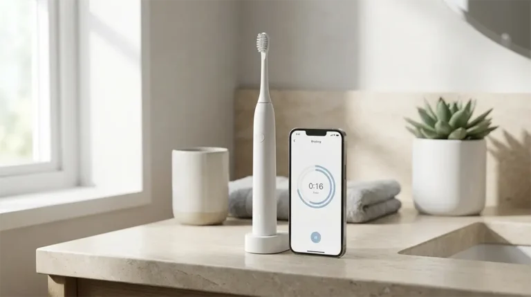 La méthode B.R.O.S.S.E pour choisir la bonne brosse à dents connectée Brosse à dents connectée moderne avec application mobile illustrant le suivi du brossage