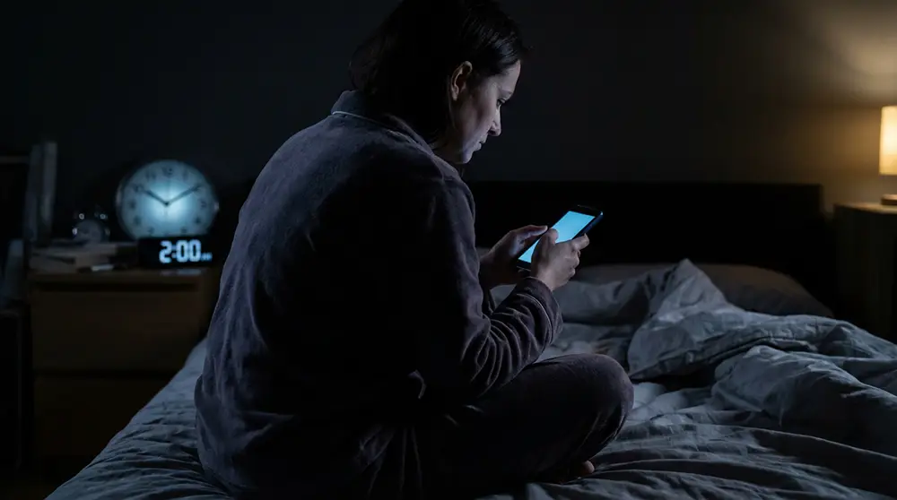 Personne consultant son smartphone tard la nuit pour rechercher des informations médicales illustrant l'attrait de l'autodiagnostic par IA disponible 24h/24