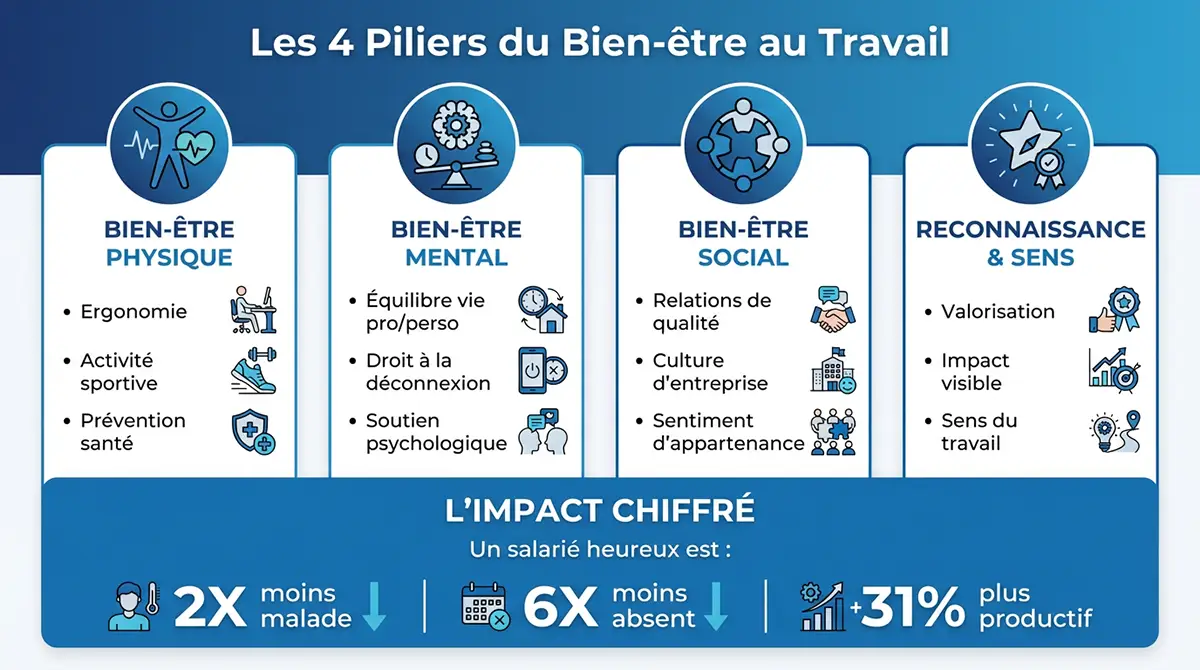 infographie montrant expliquant les 4 piliers du bien-être au travail avec les impacts sur la productivité