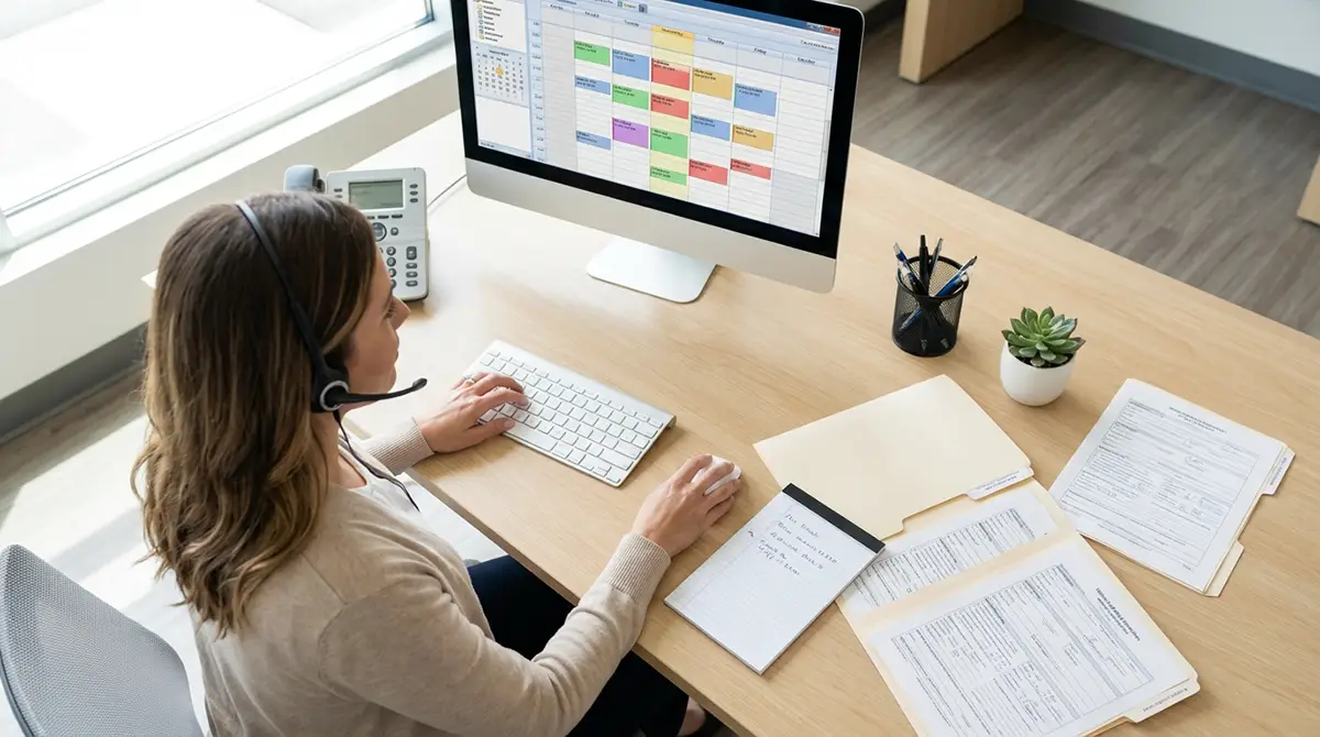 Poste de travail d'une secrétaire médicale organisée, gérant simultanément l'agenda, les dossiers patients et les appels téléphoniques.
