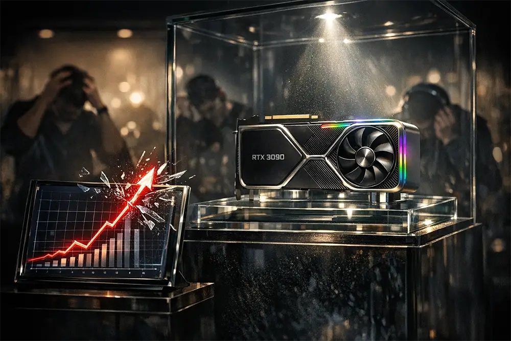 Une carte graphique exposée comme un objet de luxe avec un graphique montrant une hausse de prix verticale.