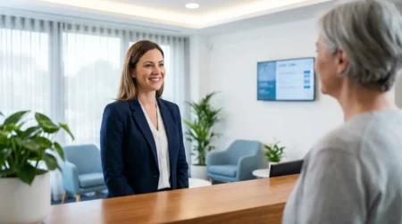 Secrétaire médicale accueillant un patient avec empathie dans un cabinet médical moderne, illustrant les qualités humaines du métier