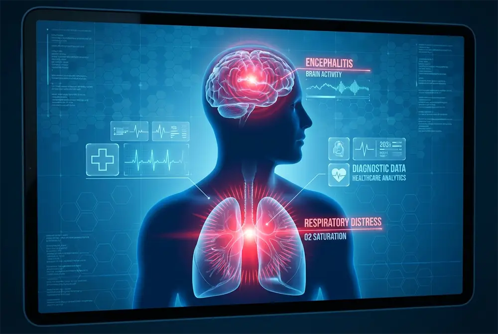 Illustration médicale montrant l'encéphalite et la détresse respiratoire causées par le Nipah.