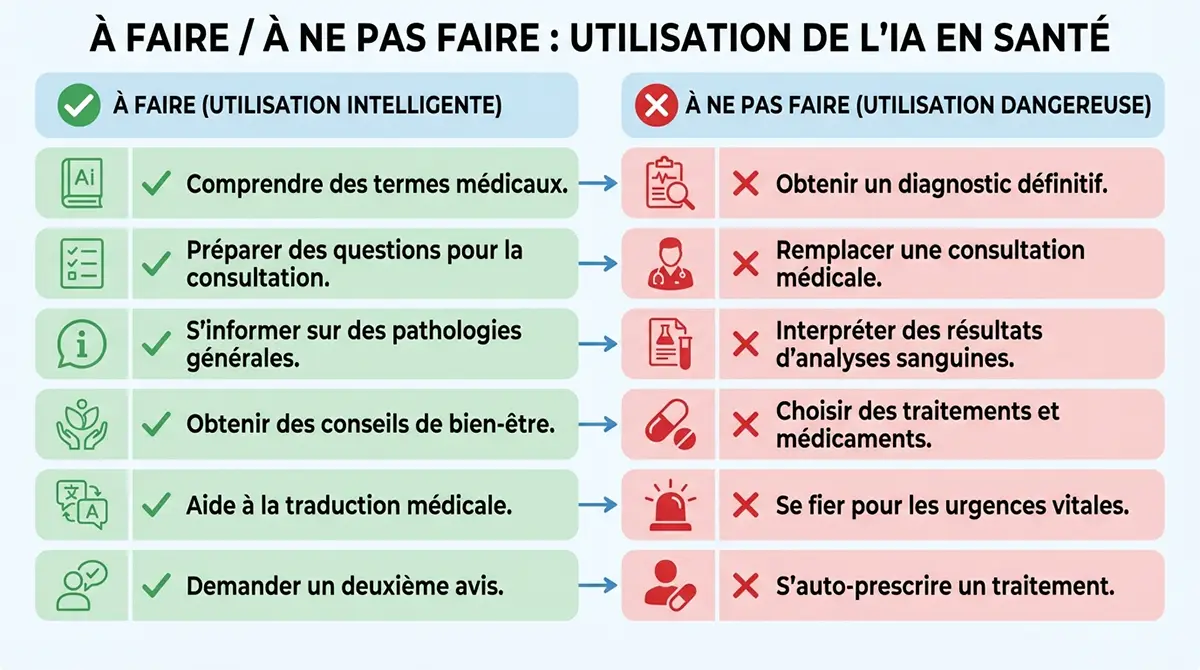 Infographie comparative 'À faire / À ne pas faire' sur l'utilisation de l'IA pour la santé