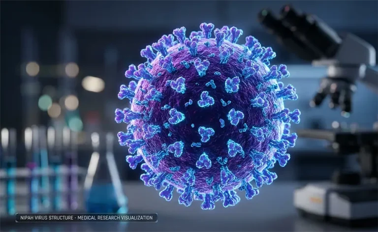 Virus Nipah : Symptômes, transmission et risques pour la France – Le dossier complet Représentation microscopique 3D de la structure du virus Nipah.