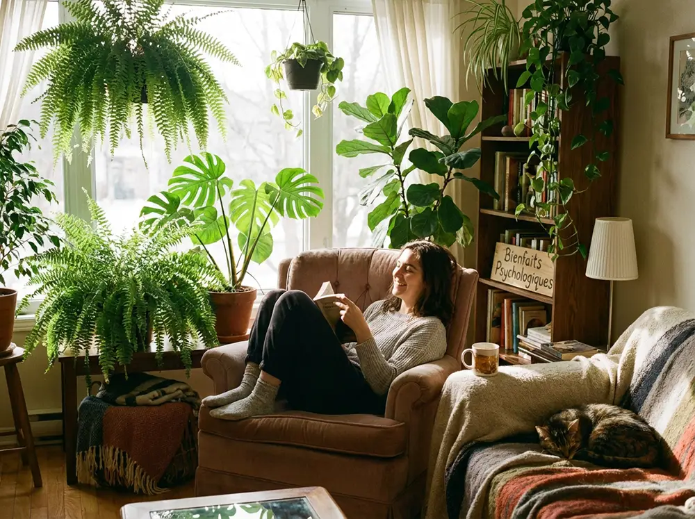 Personne d&eacute;tendue lisant un livre dans un fauteuil confortable entour&eacute; de plantes vertes luxuriantes