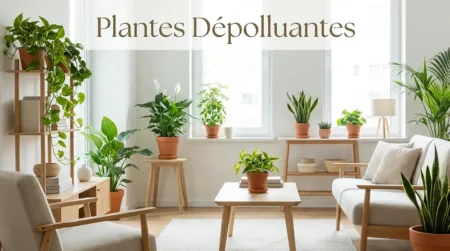Intérieur moderne lumineux avec plusieurs plantes d'intérieur dépolluantes comme le pothos, spathiphyllum et sansevieria