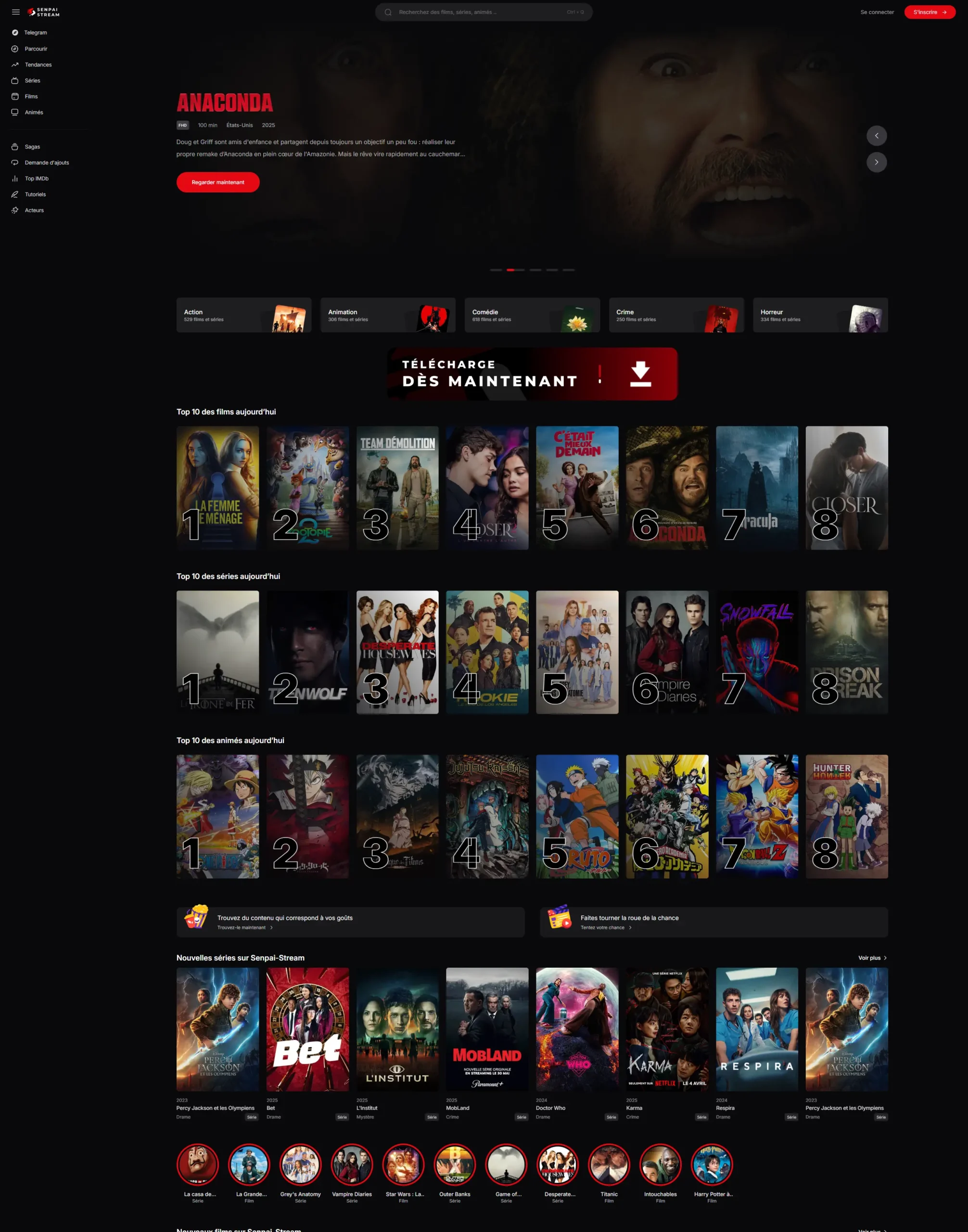 Senpai Stream, capture d'&eacute;cran de la page d'accueil du site de streaming avec top films et s&eacute;ries du moment