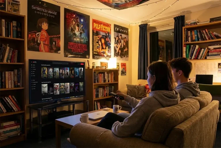 deux jeunes étudiants dans un salon d'appartement regardent Senpai Stream Streaming sur la télévision. Des posters de films et séries sont sur les murs