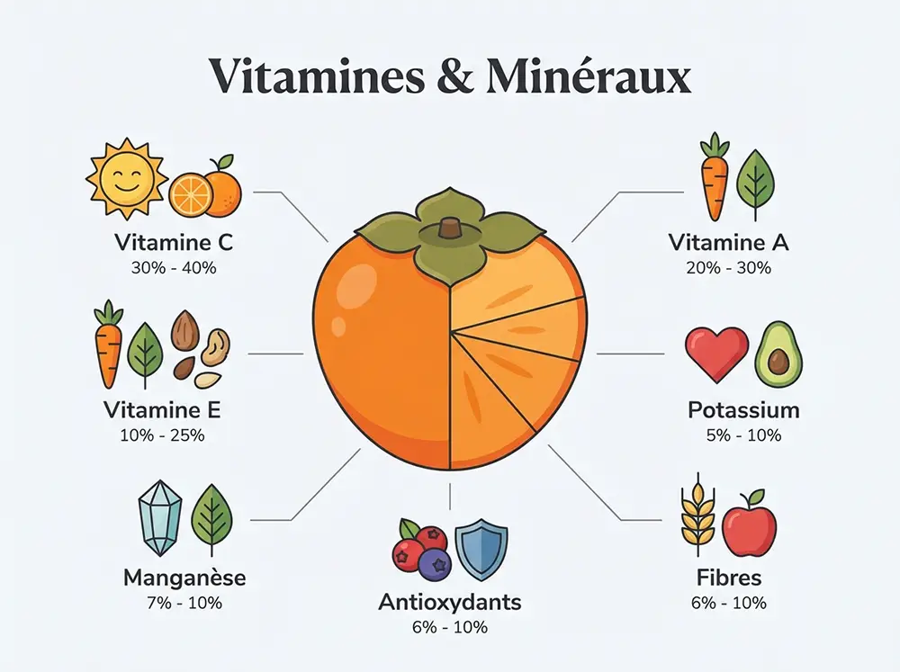 Infographie indiquant la composition nutritionnelle du kaki - vitamines min&eacute;raux antioxydants