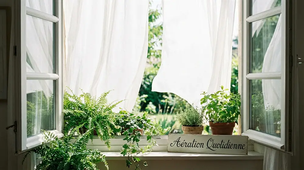 Fen&ecirc;tre grande ouverte avec rideaux blancs et plantes sur le rebord symbolisant l'a&eacute;ration naturelle