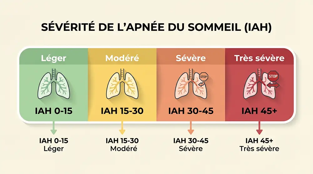 Infographie illustrant les niveaux de gravité de l'apnée du sommeil selon l'index d'apnées-hypopnées IAH de léger à sévère