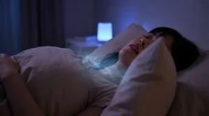 Personne endormie dans un lit avec des signaux visuels symbolisant les pauses respiratoires et ronflements liés à l'apnée du sommeil