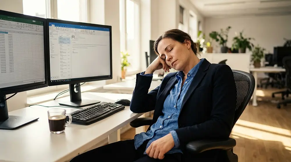 Personne somnolant à son bureau en journée illustrant la fatigue chronique et la somnolence diurne liées à l'apnée du sommeil