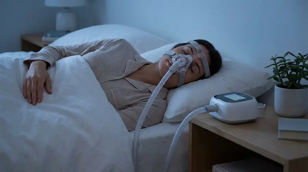 Patient portant un masque de PPC pression positive continue pendant le sommeil pour traiter l'apnée du sommeil