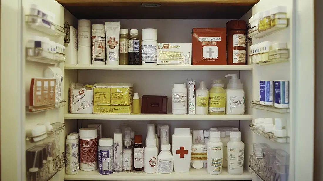 armoire &agrave; pharmacie pleine mais organis&eacute;e