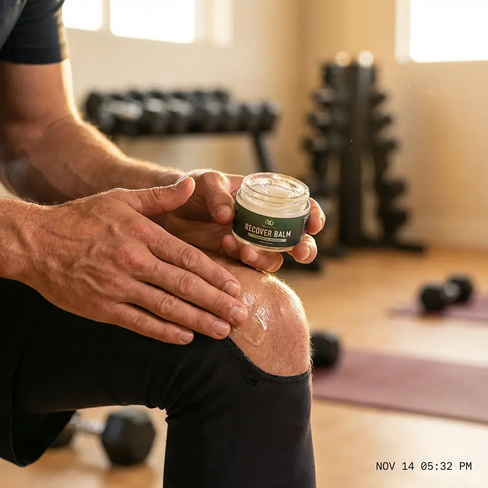Mains d'un sportif appliquant un baume au CBD sur son genou apr&egrave;s l'effort physique