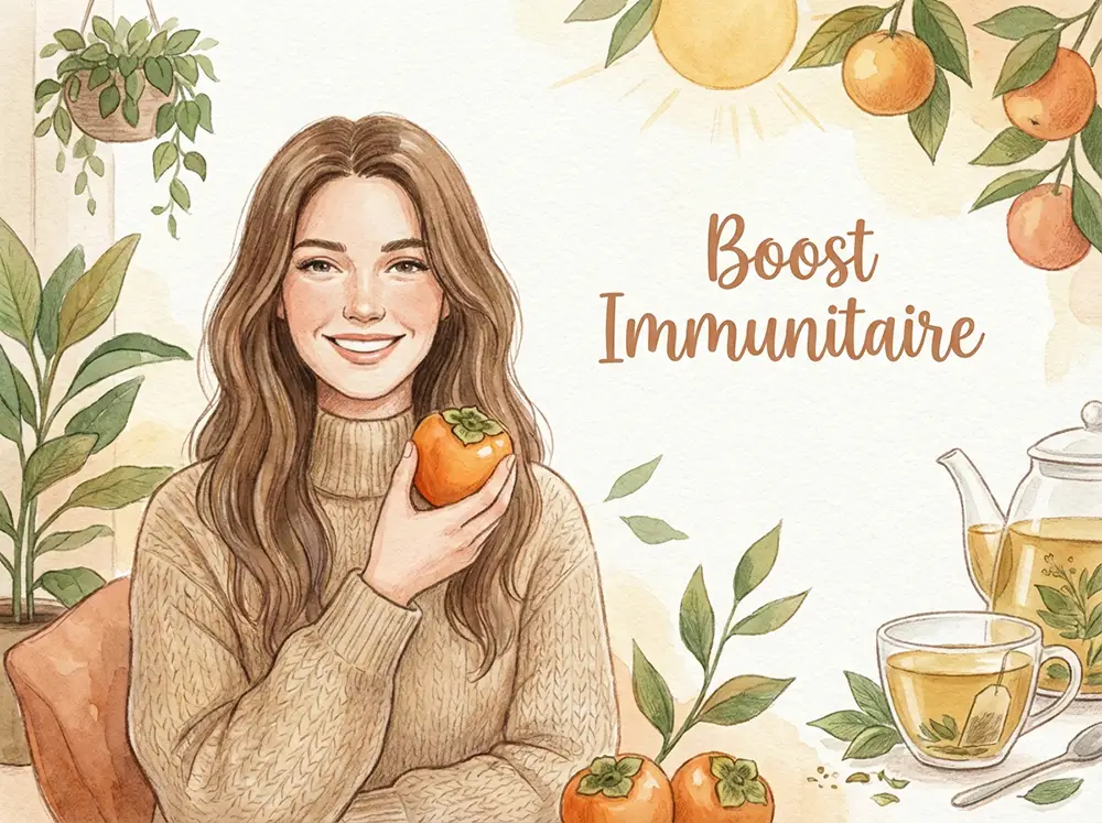 Illustration - Femme en bonne sant&eacute; tenant un kaki avec une tasse de th&eacute; pos&eacute;e sur la table &agrave; c&ocirc;t&eacute; d'elle- renforcement syst&egrave;me immunitaire