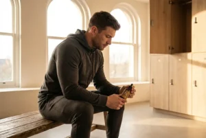 Athlète assis dans un vestiaire tenant un flacon d'huile de CBD après l'entraînement