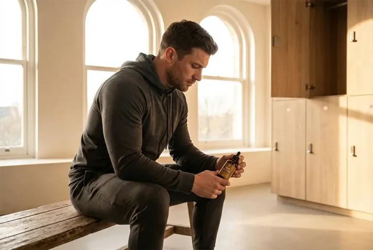 Athlète assis dans un vestiaire tenant un flacon d'huile de CBD après l'entraînement