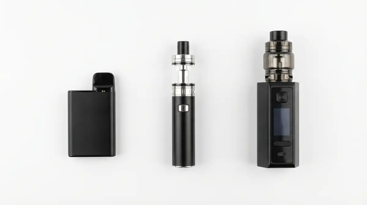 Trois types de cigarettes électroniques côte à côte : pod, kit de démarrage et box mod pour le sevrage tabagique