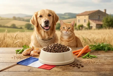 Bol en céramique élégant rempli de croquettes naturelles de qualité premium. Petit drapeau français positionné subtilement à côté du bol. Golden retriever heureux et chat tigré orange côte à côte, regardant la caméra avec des expressions amicales