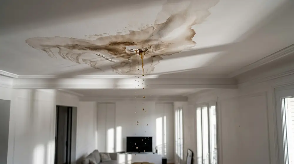 Infiltration d'eau au plafond causée par une fuite de tuyauterie domestique non détectée