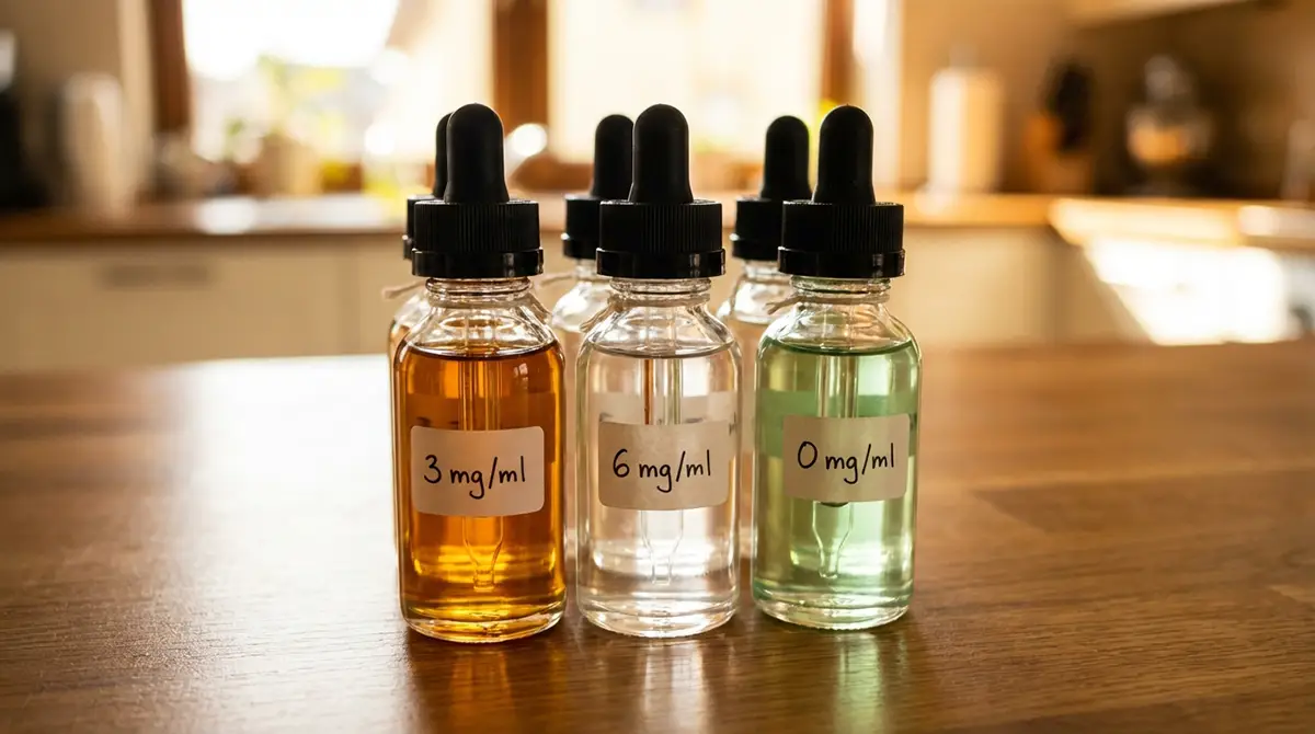 Flacons d'e-liquide avec différents taux de nicotine en mg/ml pour adapter le dosage au sevrage tabagique