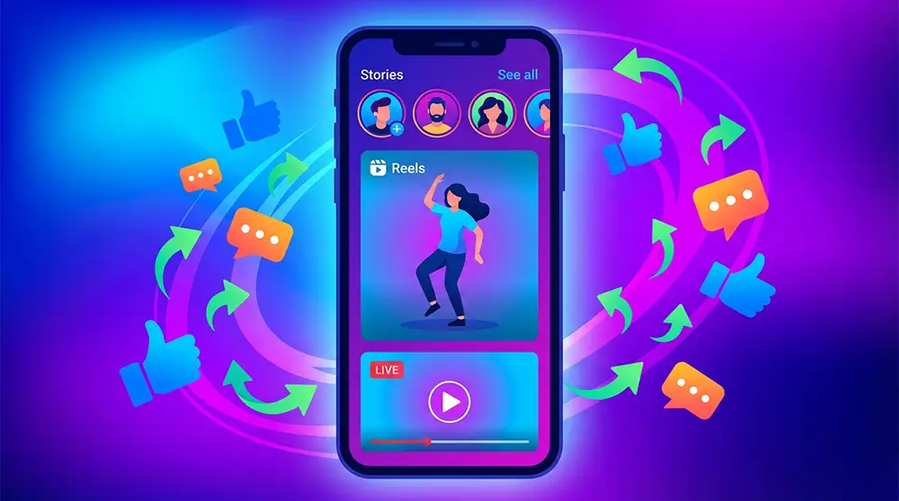 Smartphone affichant les formats Reels, Stories et Live sur Facebook avec icônes d'interactions