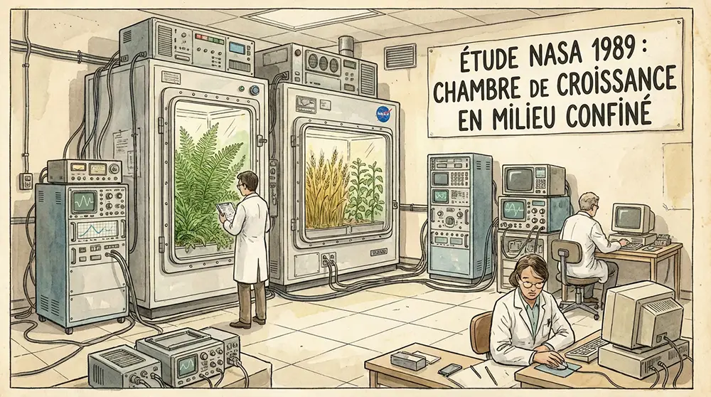 Laboratoire NASA ann&eacute;es 1980 avec plantes en chambre herm&eacute;tique et &eacute;quipements scientifiques